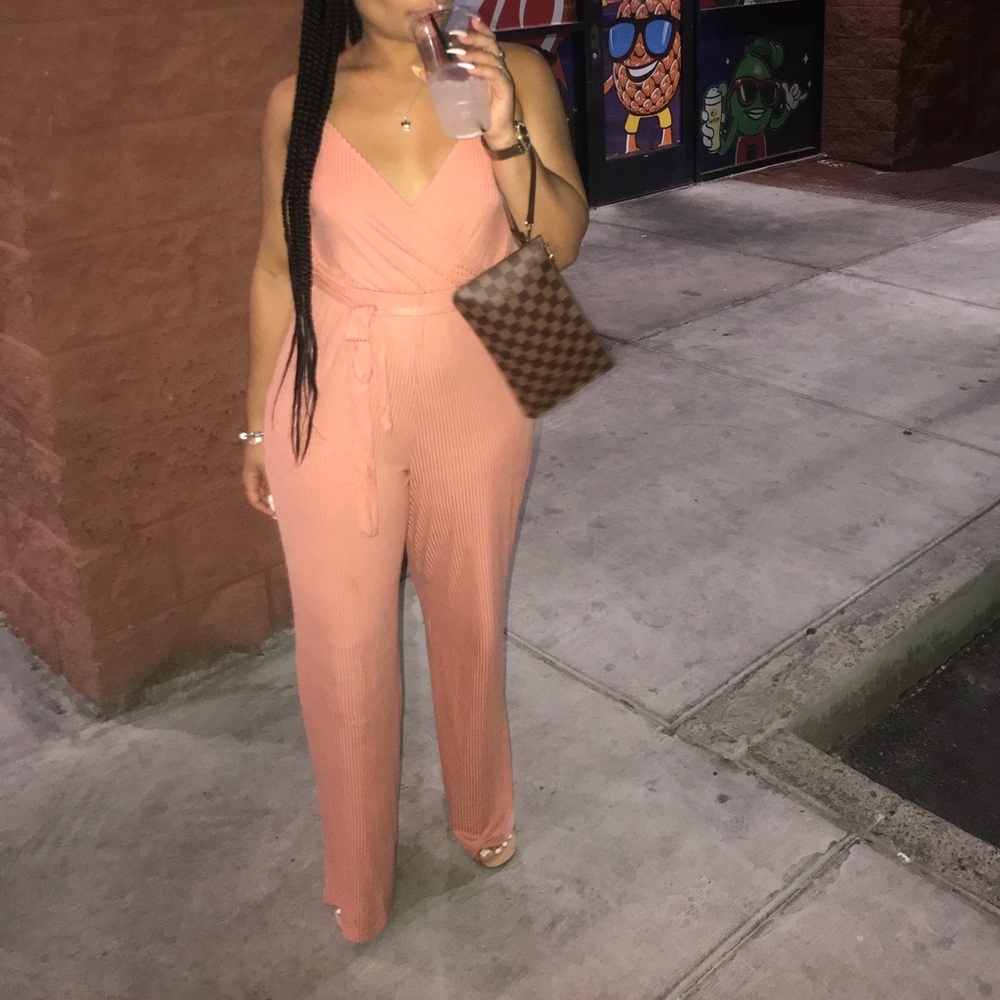 Spaghetti straps, v cut, coral jumpsuit